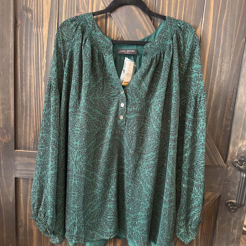 Lane Bryant Lurex Shimmer Split-Neck Top 3X — Holiday Green, NWT